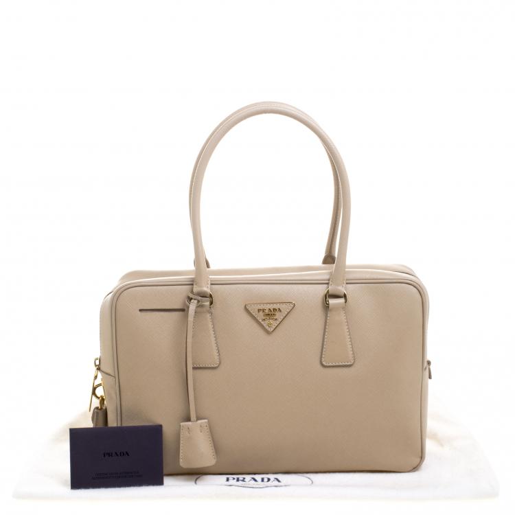 Pre Owned Prada Beige Saffiano Lux Leather Top Handle Bowling Bag