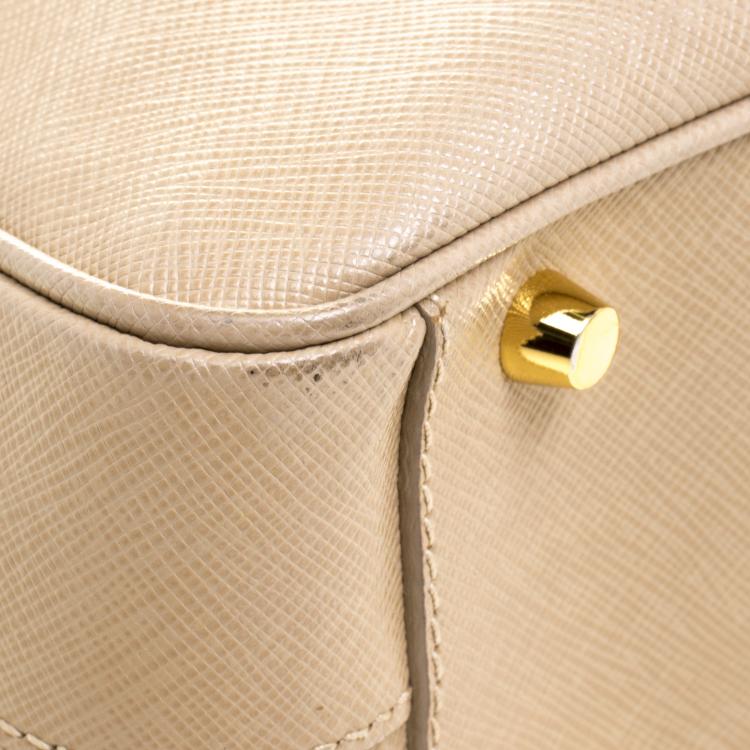 Pre Owned Prada Beige Saffiano Lux Leather Top Handle Bowling Bag