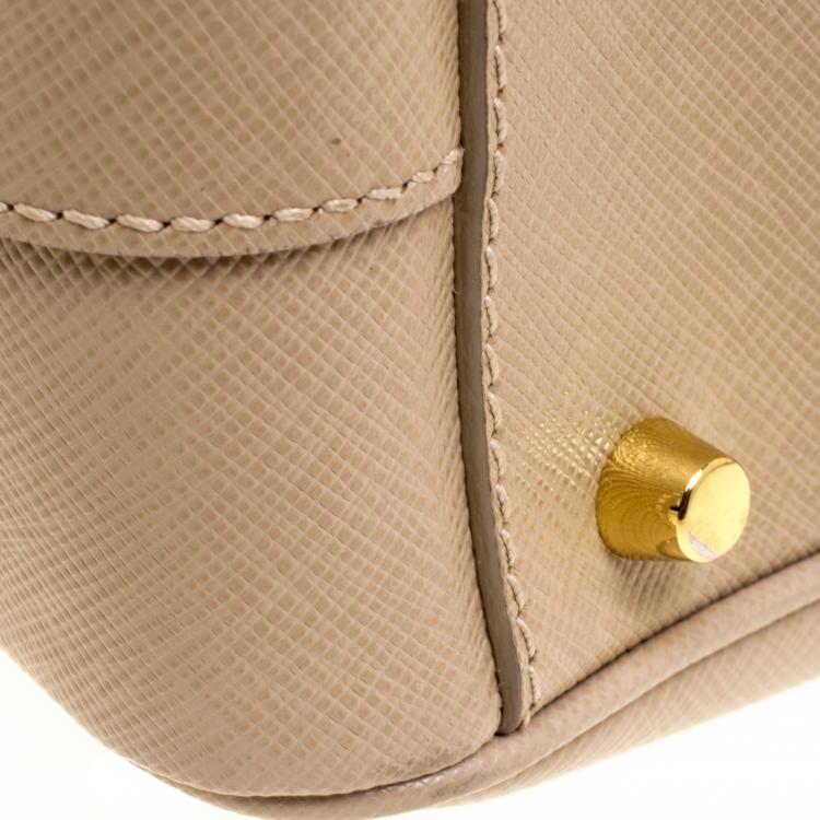 Pre Owned Prada Beige Saffiano Lux Leather Top Handle Bowling Bag