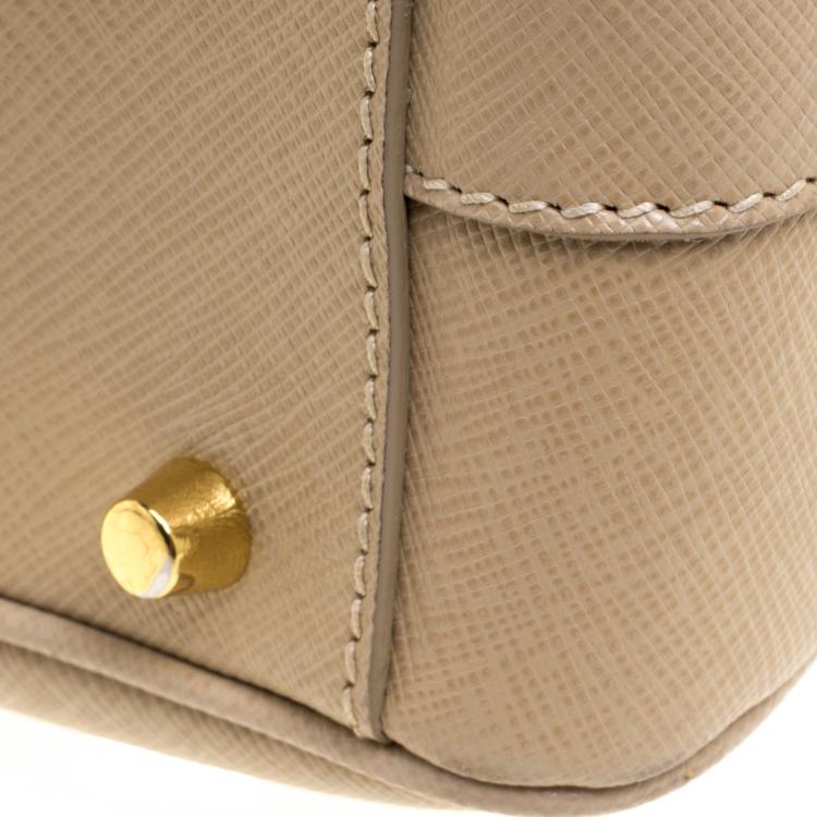 Pre Owned Prada Beige Saffiano Lux Leather Top Handle Bowling Bag