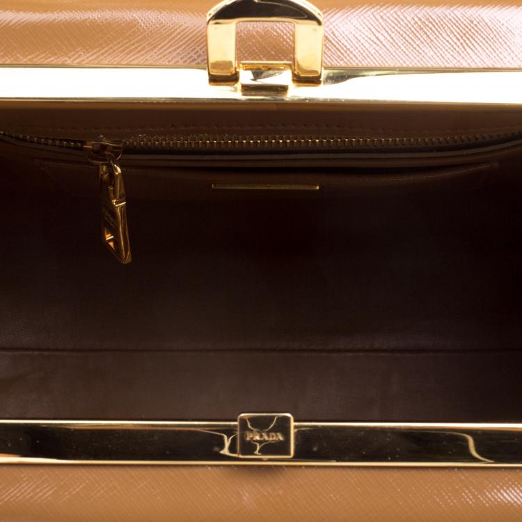 Pre Owned Prada Beige/Caramel Patent Leather Pyramid Frame Top Handle Bag