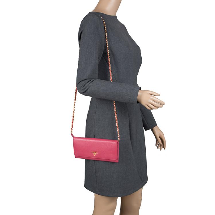 Pre Owned Prada Berry Red Saffiano Metal Leather Wallet on Chain