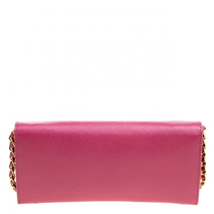 Pre Owned Prada Berry Red Saffiano Metal Leather Wallet on Chain