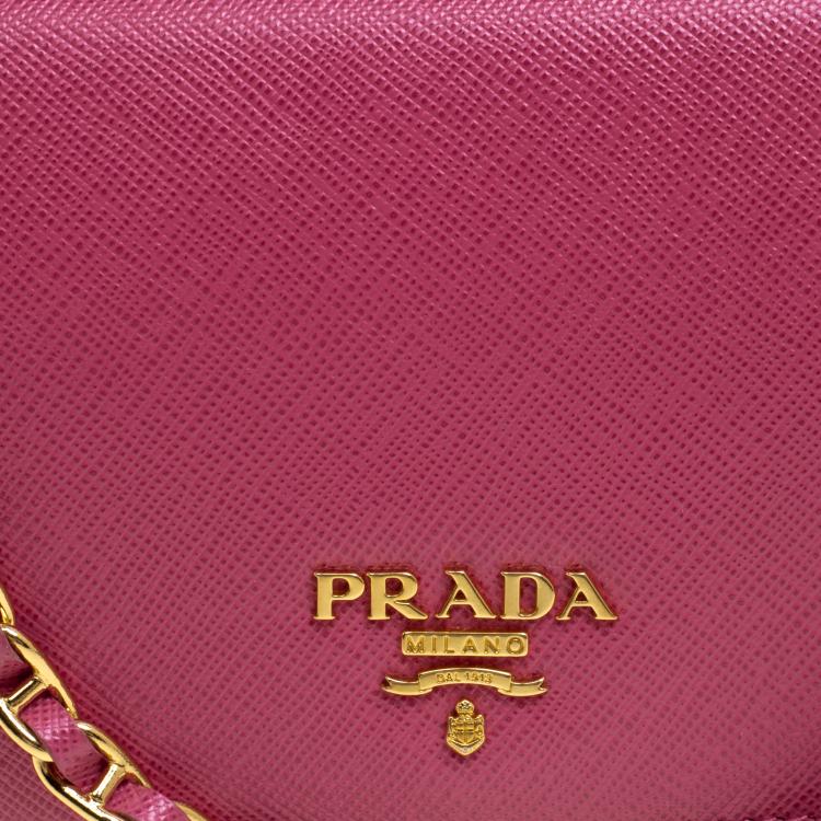 Pre Owned Prada Berry Red Saffiano Metal Leather Wallet on Chain