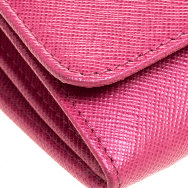 Pre Owned Prada Berry Red Saffiano Metal Leather Wallet on Chain