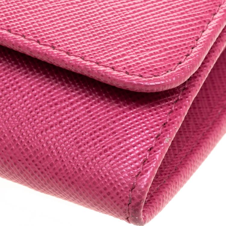 Pre Owned Prada Berry Red Saffiano Metal Leather Wallet on Chain