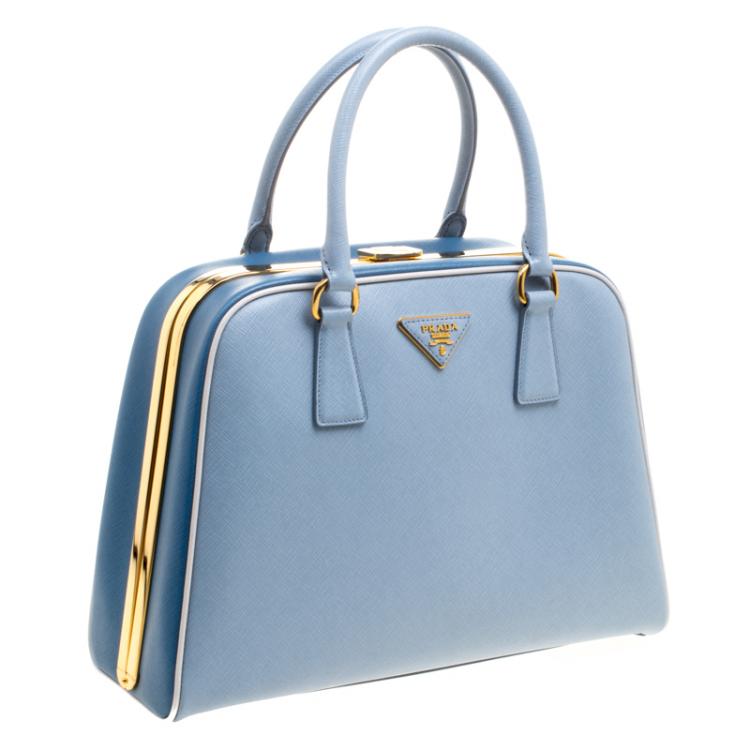 Pre Owned Prada Two Tone Blue Saffiano Leather Frame Top Handle Bag