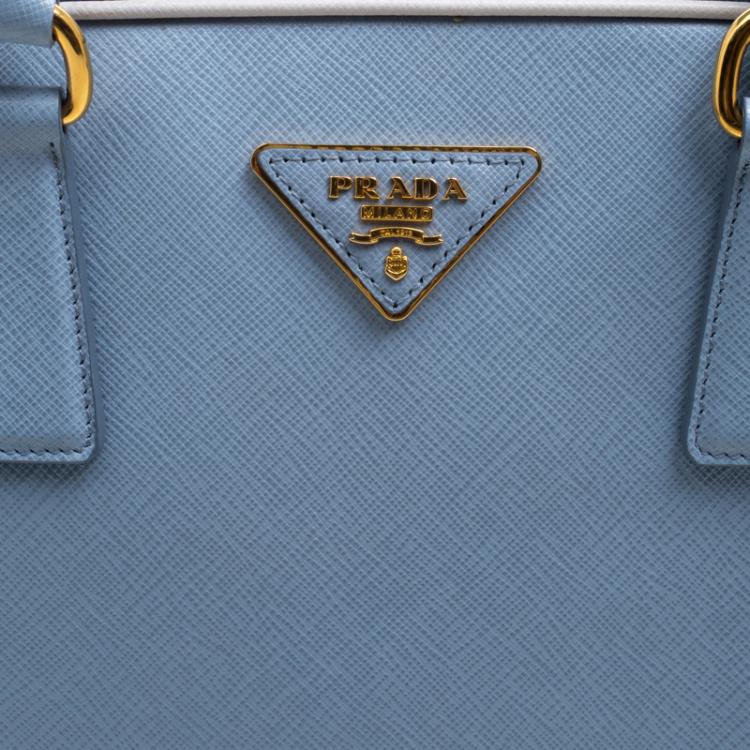 Pre Owned Prada Two Tone Blue Saffiano Leather Frame Top Handle Bag