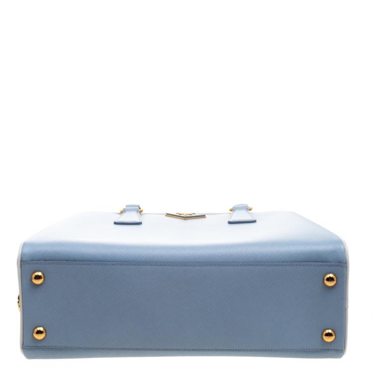 Pre Owned Prada Two Tone Blue Saffiano Leather Frame Top Handle Bag