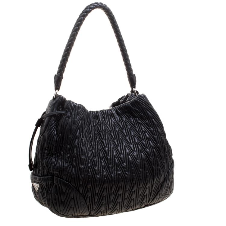Pre Owned Prada Black Ruched Leather Braided Handle Hobo