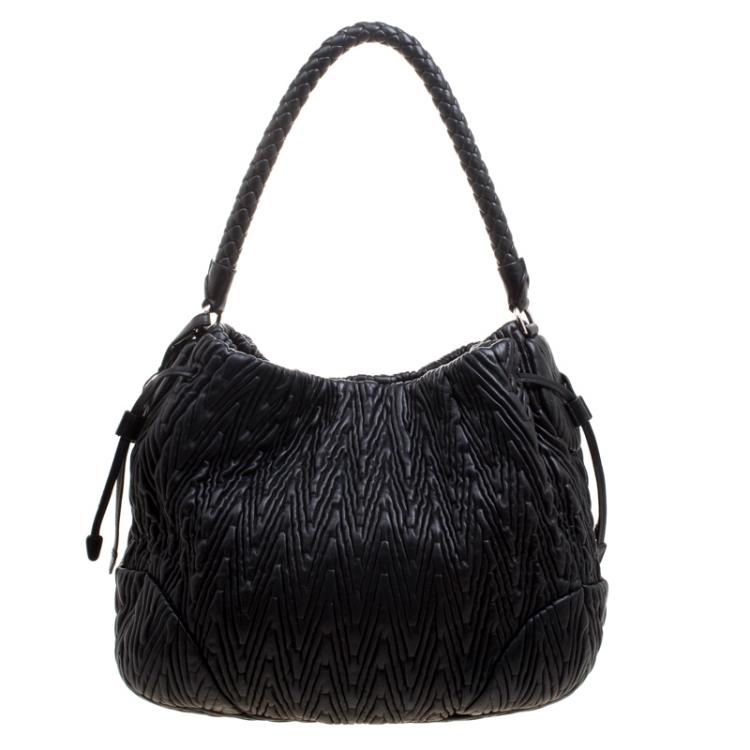 Pre Owned Prada Black Ruched Leather Braided Handle Hobo