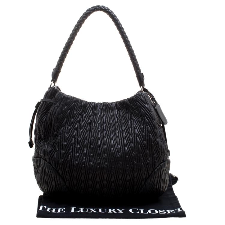 Pre Owned Prada Black Ruched Leather Braided Handle Hobo