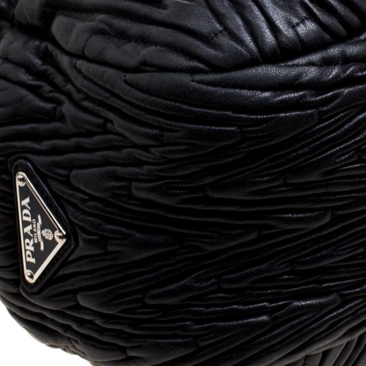 Pre Owned Prada Black Ruched Leather Braided Handle Hobo