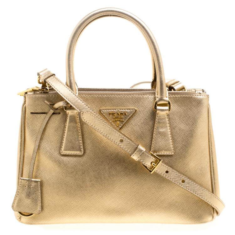 Prada Gold Saffiano Lux Leather Mini Double Zip Tote Prada | The Luxury ...