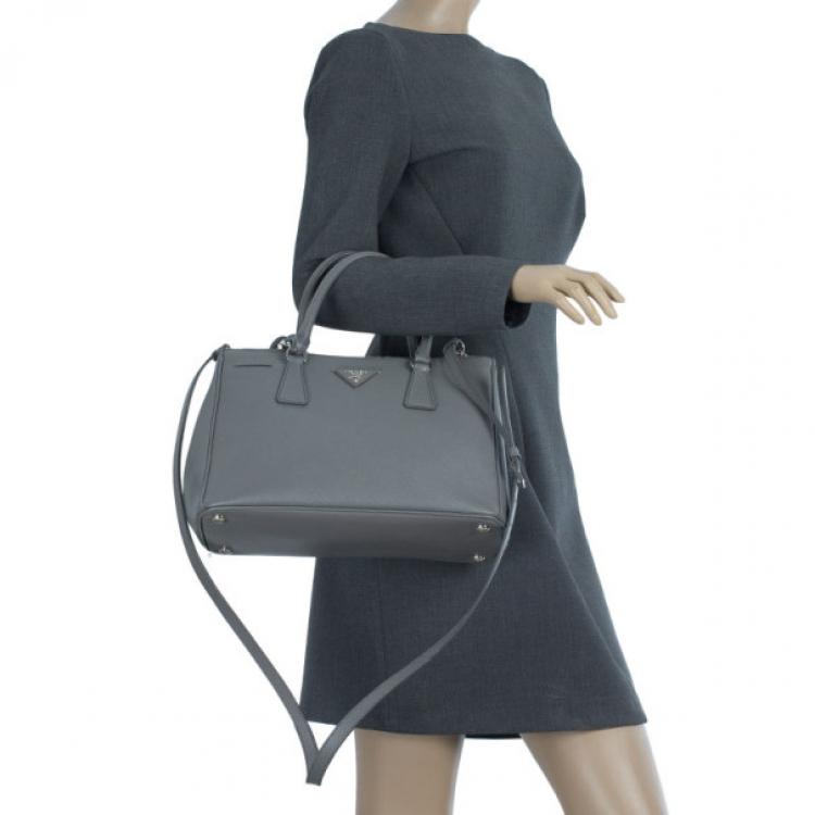 Pre Owned Prada Grey Saffiano Small Double Zip Top Handle Tote