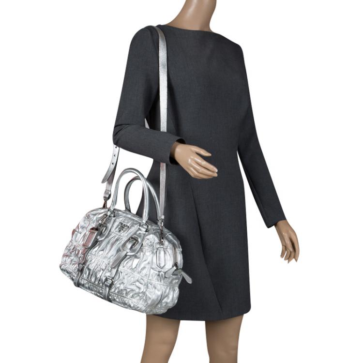 Pre Owned Prada Silver Nappa Leather Gaufre Bowling Bag