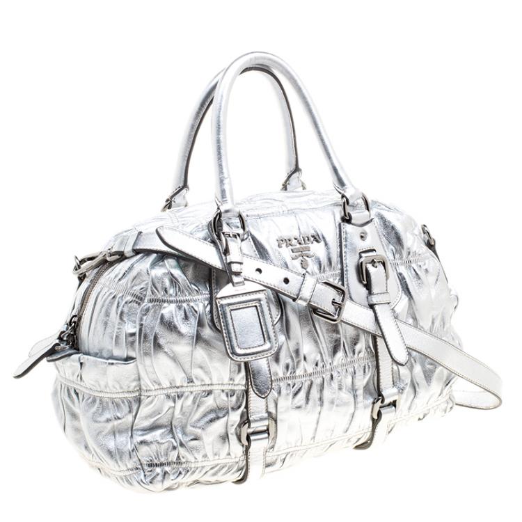 Pre Owned Prada Silver Nappa Leather Gaufre Bowling Bag