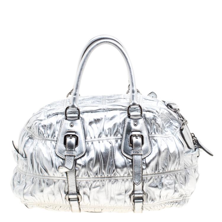 Pre Owned Prada Silver Nappa Leather Gaufre Bowling Bag