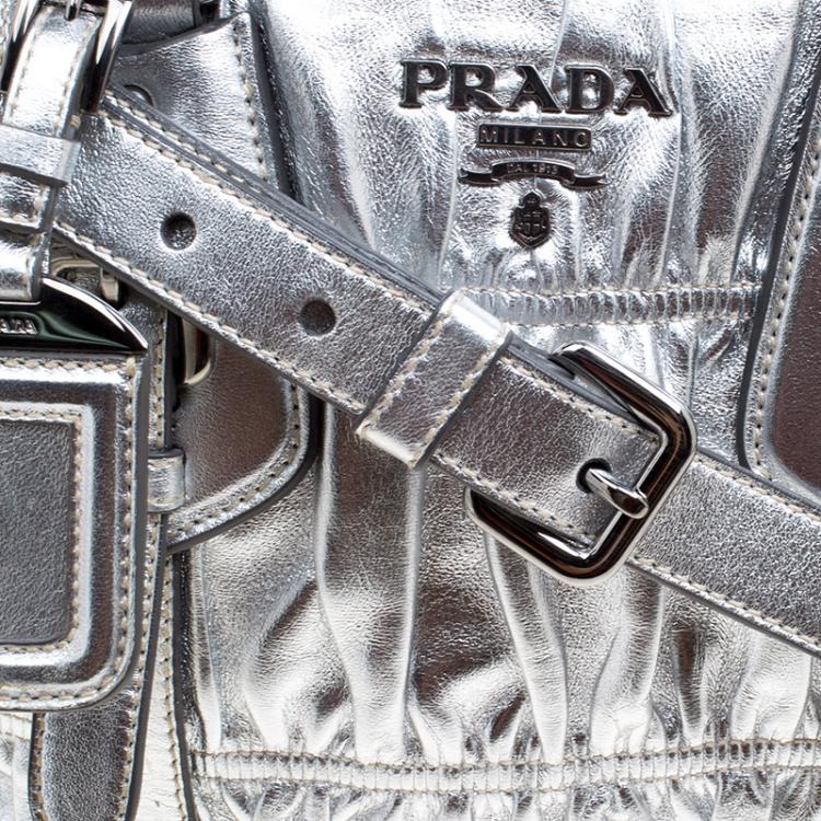 Pre Owned Prada Silver Nappa Leather Gaufre Bowling Bag