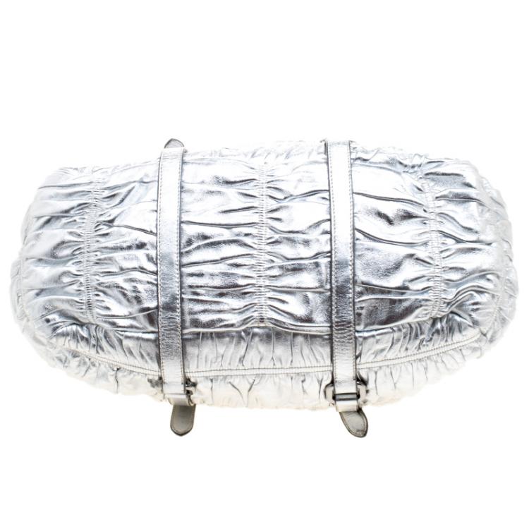 Pre Owned Prada Silver Nappa Leather Gaufre Bowling Bag