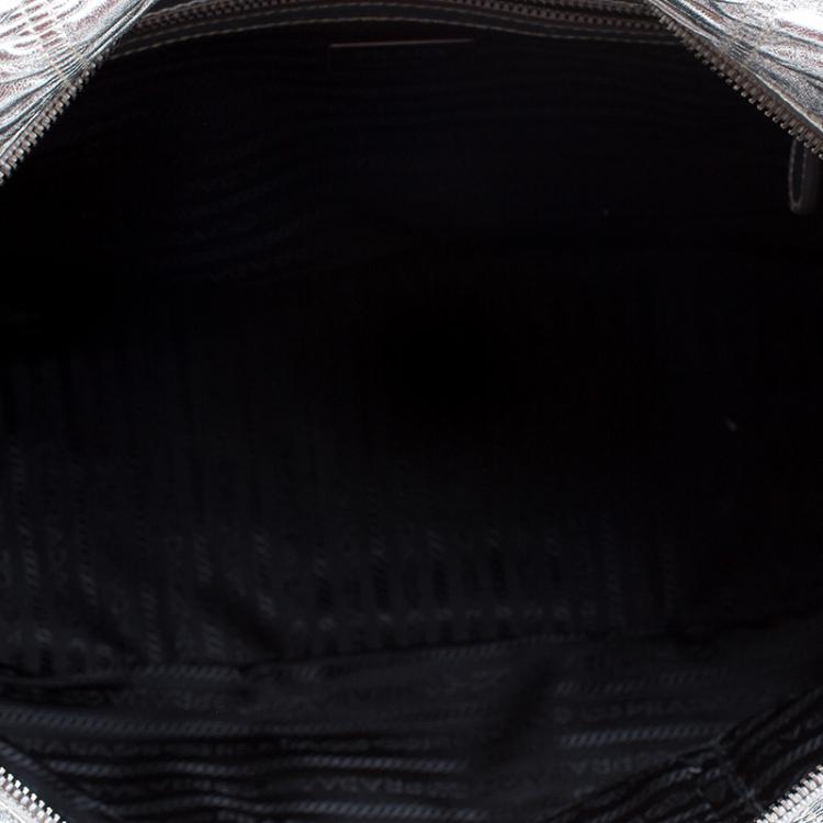 Pre Owned Prada Silver Nappa Leather Gaufre Bowling Bag