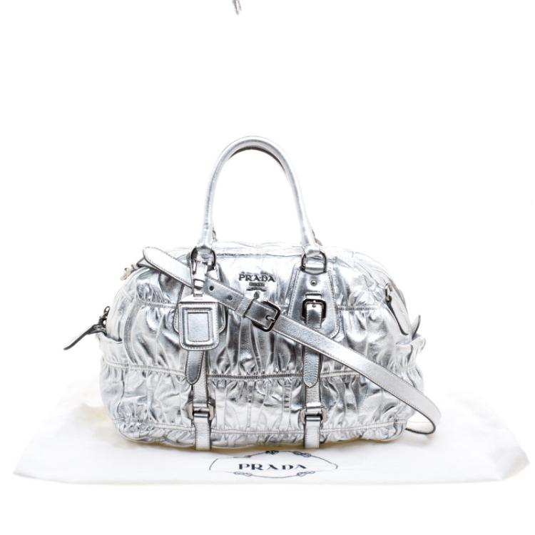 Pre Owned Prada Silver Nappa Leather Gaufre Bowling Bag