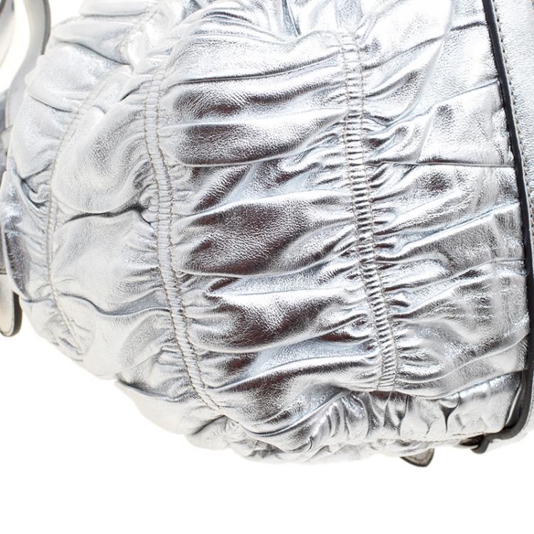 Pre Owned Prada Silver Nappa Leather Gaufre Bowling Bag