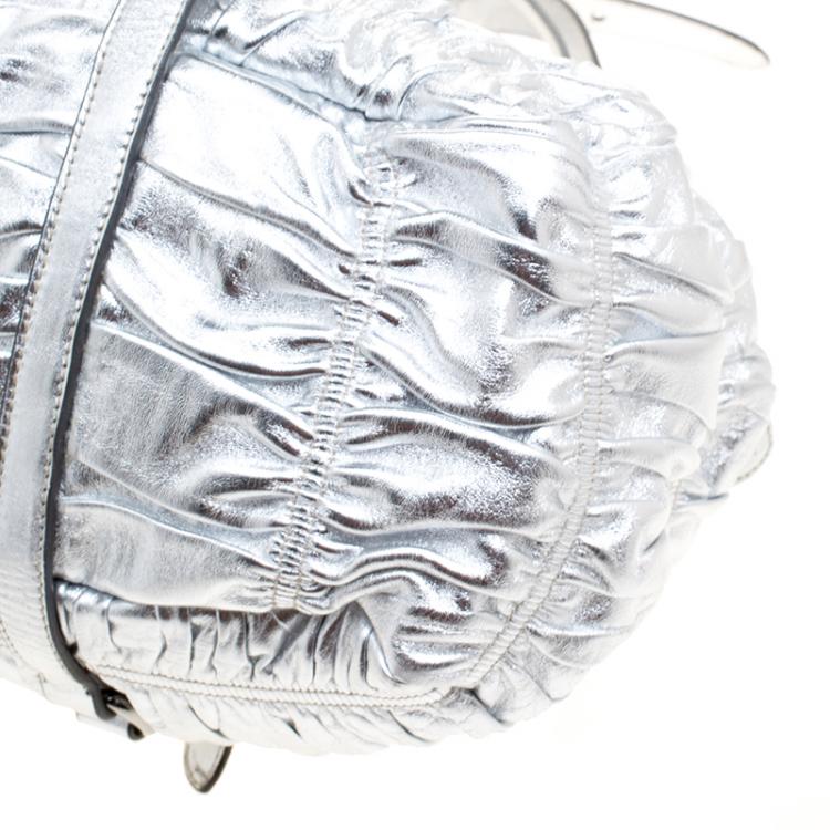 Pre Owned Prada Silver Nappa Leather Gaufre Bowling Bag