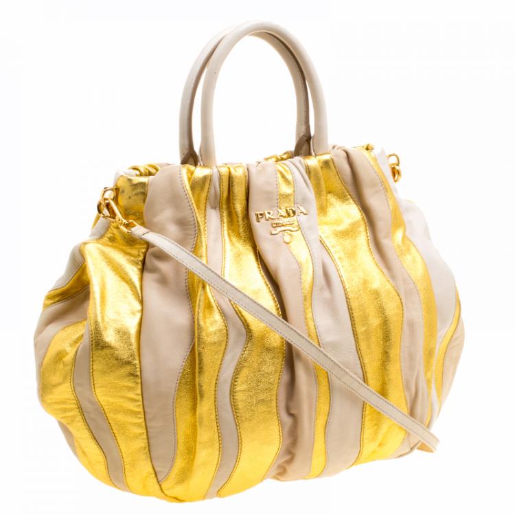 Pre Owned Prada Beige/Gold Stripe Leather Hobo