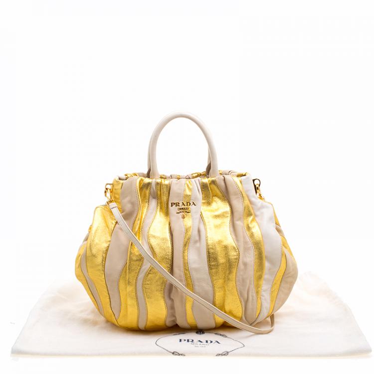 Pre Owned Prada Beige/Gold Stripe Leather Hobo