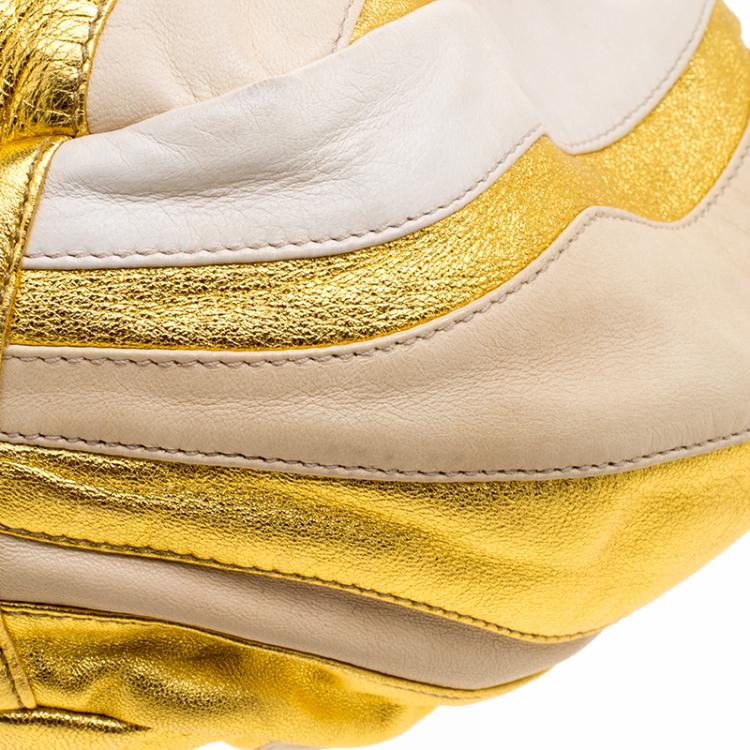Pre Owned Prada Beige/Gold Stripe Leather Hobo