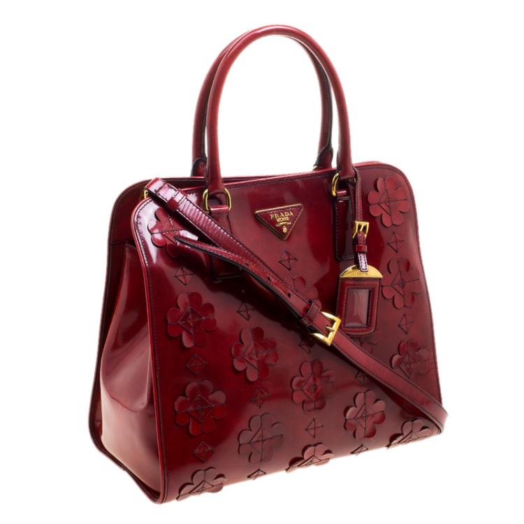 Pre Owned Prada Red Patent Leather Floral Framed Top Handle Bag