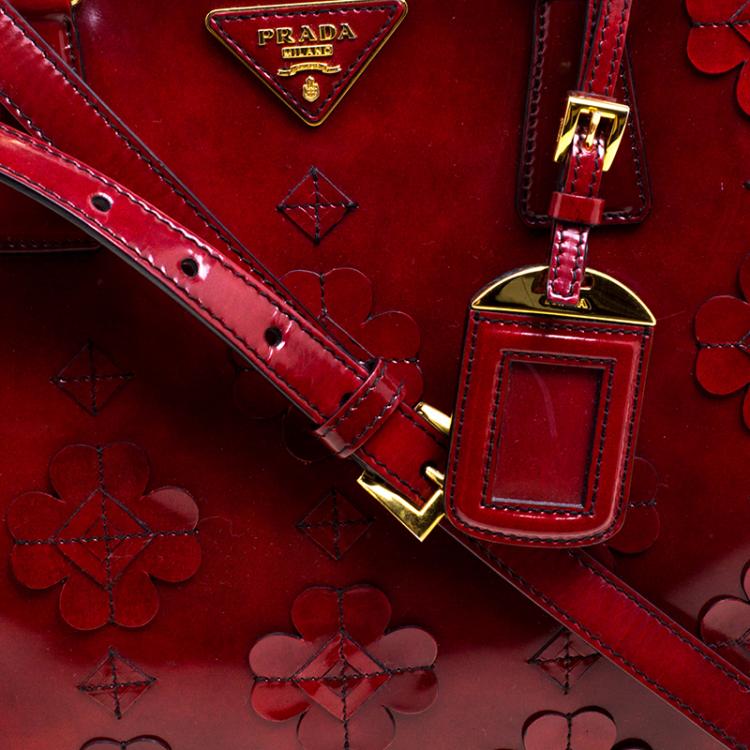 Pre Owned Prada Red Patent Leather Floral Framed Top Handle Bag
