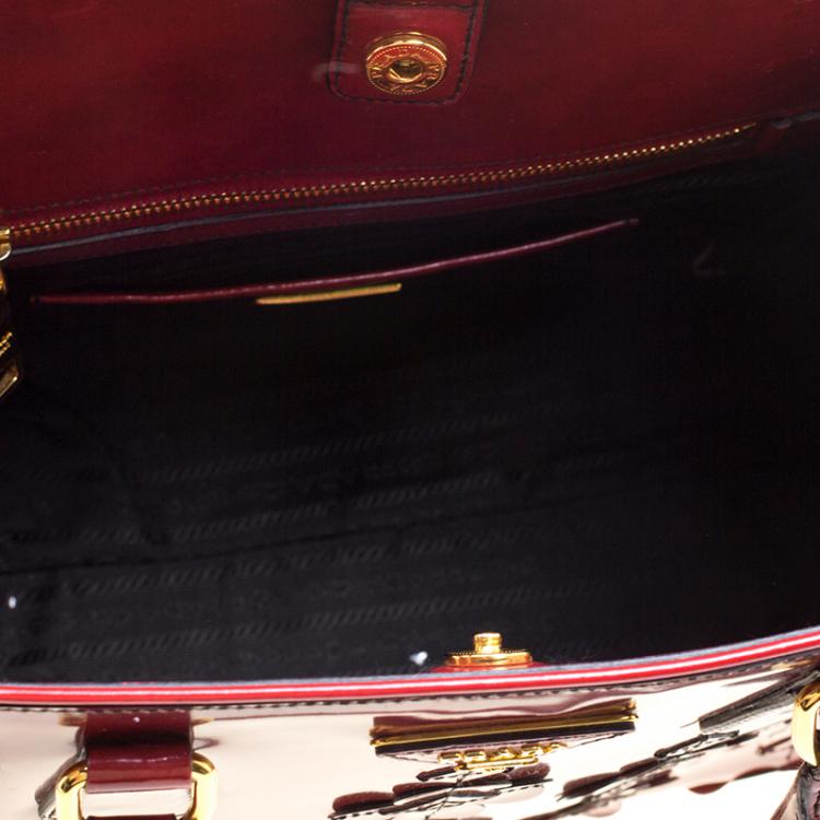 Pre Owned Prada Red Patent Leather Floral Framed Top Handle Bag