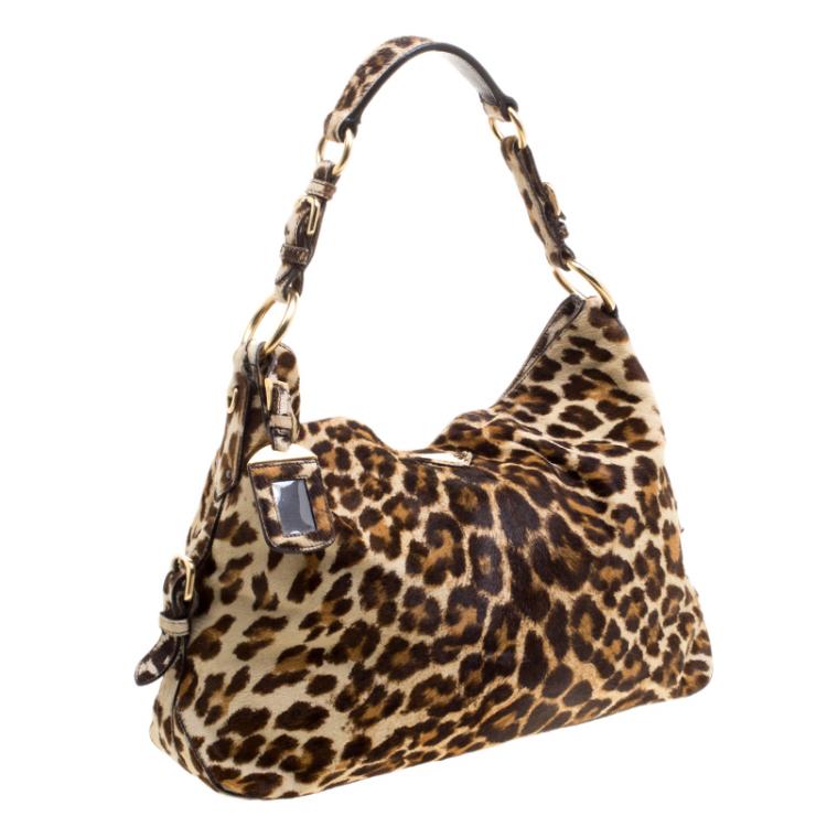 Pre Owned Prada Brown Leopard Print Calf Hair Hobo