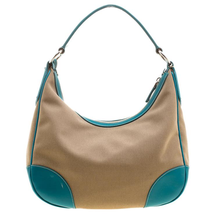 مملوكة مسبقًا Prada Beige/Turquoise  Canvas and Leather Hobo