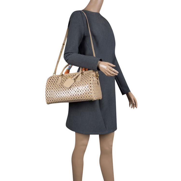 Pre Owned Prada Beige Perforated Patent Leather Bowling Bag