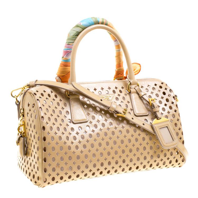 Pre Owned Prada Beige Perforated Patent Leather Bowling Bag