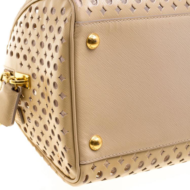 Pre Owned Prada Beige Perforated Patent Leather Bowling Bag