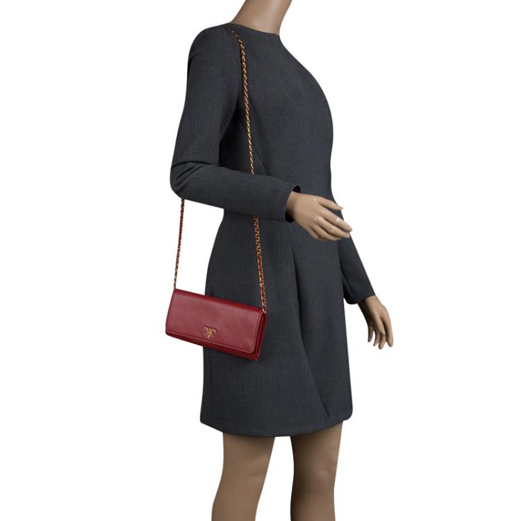 Pre Owned Prada Red Saffiano Metal Leather Wallet on Chain