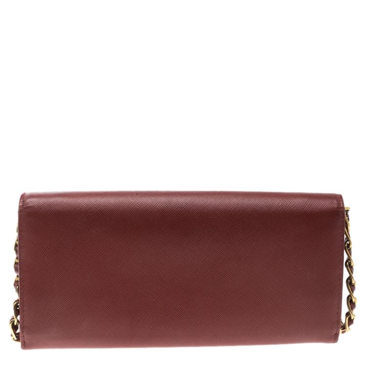 Pre Owned Prada Red Saffiano Metal Leather Wallet on Chain
