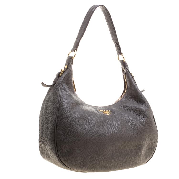 Pre Owned Prada Dark Grey Pebbled Leather Hobo