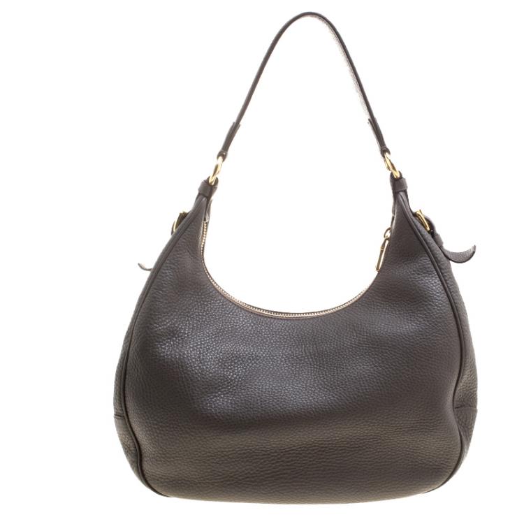 Pre Owned Prada Dark Grey Pebbled Leather Hobo