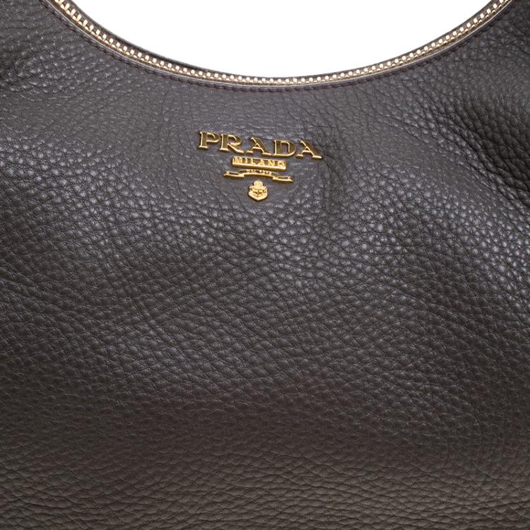 Pre Owned Prada Dark Grey Pebbled Leather Hobo