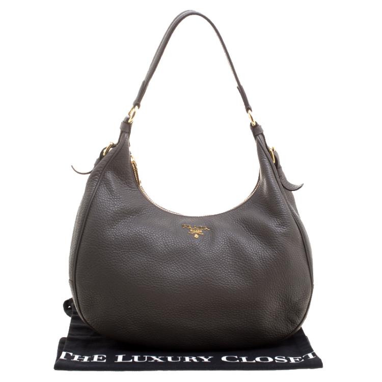 Pre Owned Prada Dark Grey Pebbled Leather Hobo