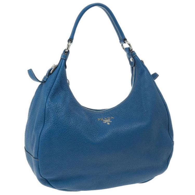 Pre Owned Prada Blue Pebbled Leather Hobo Bag