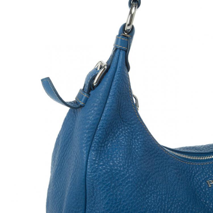 Pre Owned Prada Blue Pebbled Leather Hobo Bag