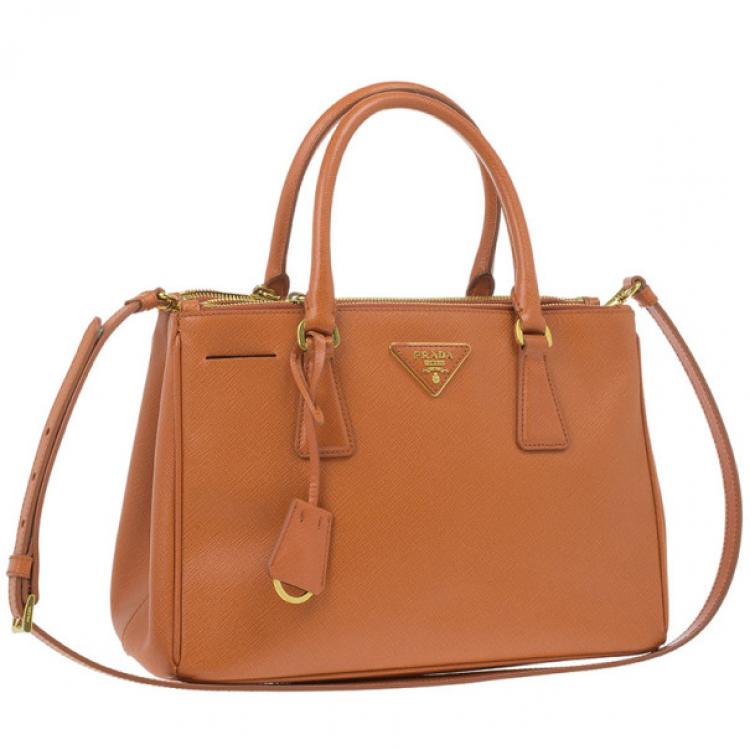 Pre Owned Prada Orange Saffiano Lux Small Double Zip Tote