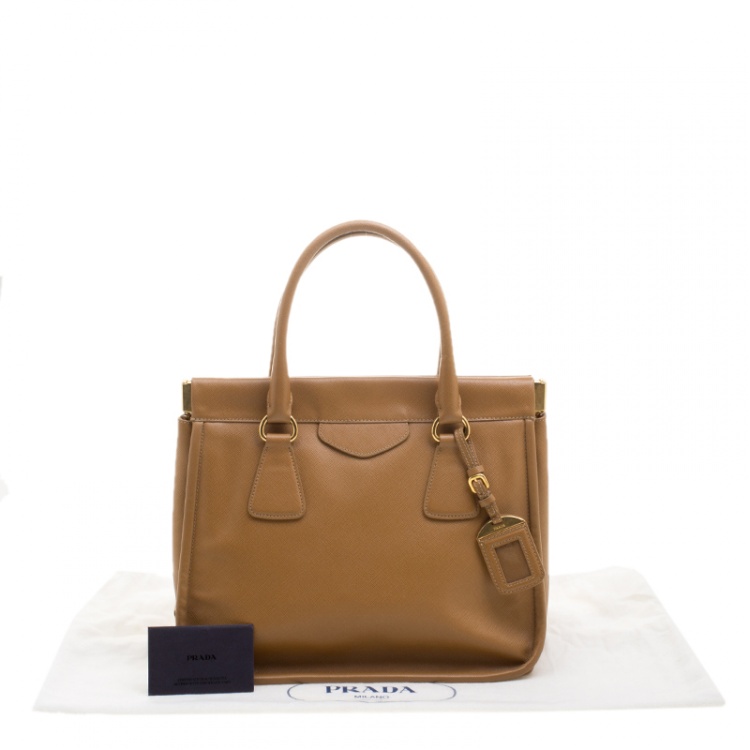 Pre Owned Prada Caramel Saffiano Lux Leather Frame Top Handle Bag