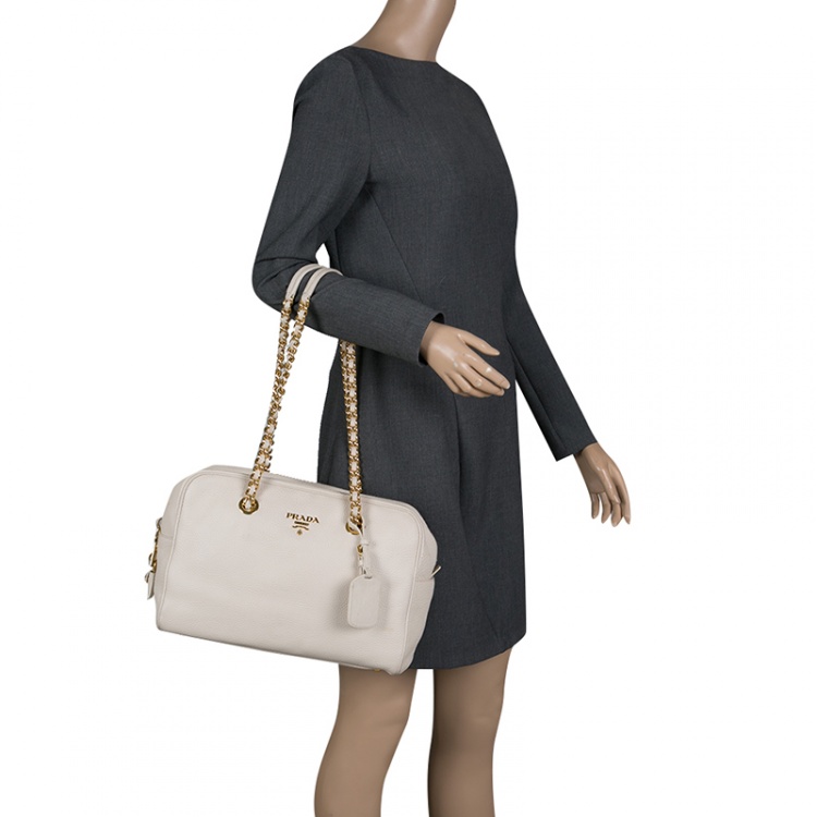 Pre Owned Prada Off White Vitello Daino Leather Bowling Bag